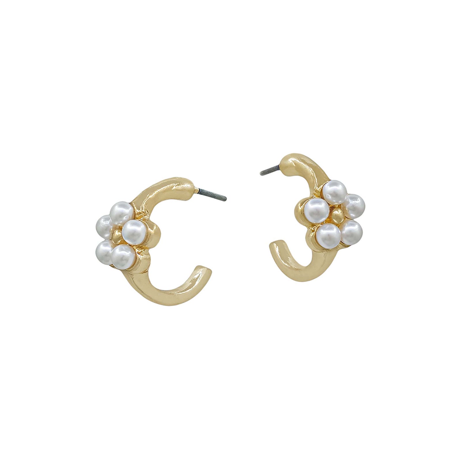 Pair of gold hoop earrings with pearl-like beads on a white background