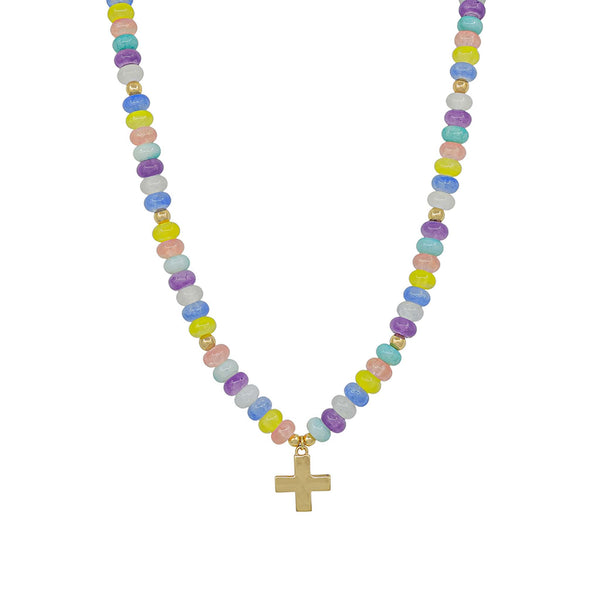 Necklace with pastel bead chain and gold cross pendant on a white background