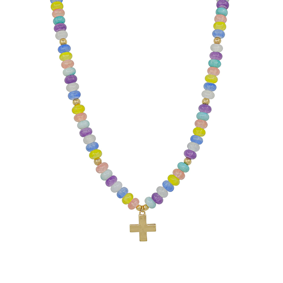 Necklace with pastel bead chain and gold cross pendant on a white background