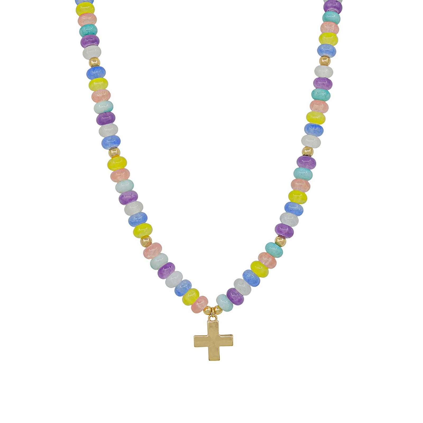Necklace with pastel bead chain and gold cross pendant on a white background