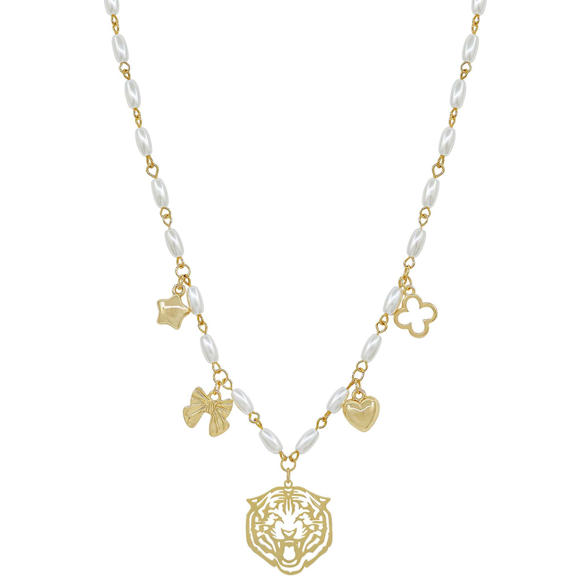 Tiger head charm necklace with pearl beads.