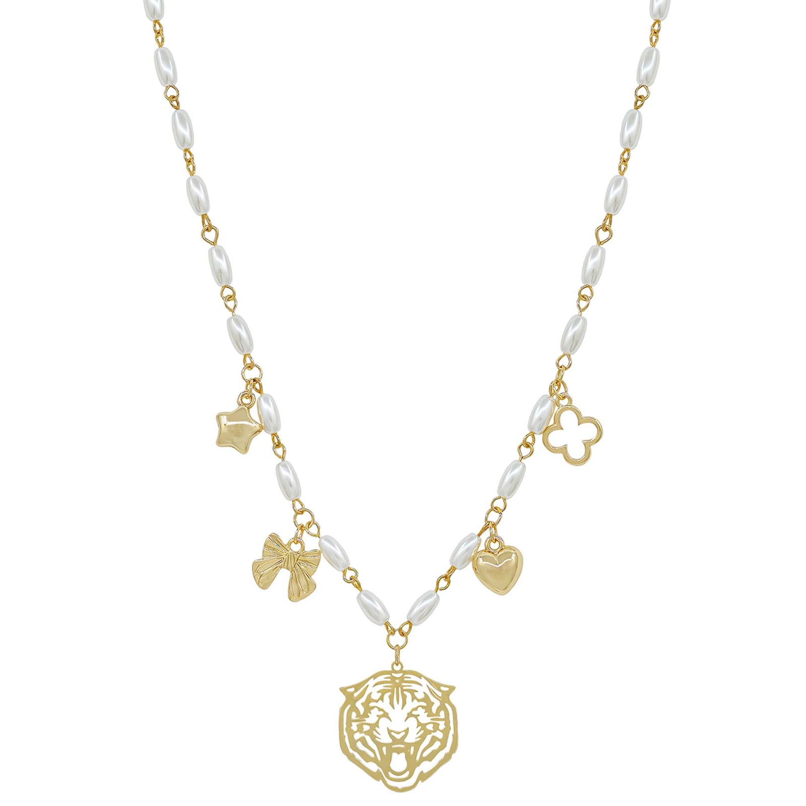 Tiger head charm necklace with pearl beads.