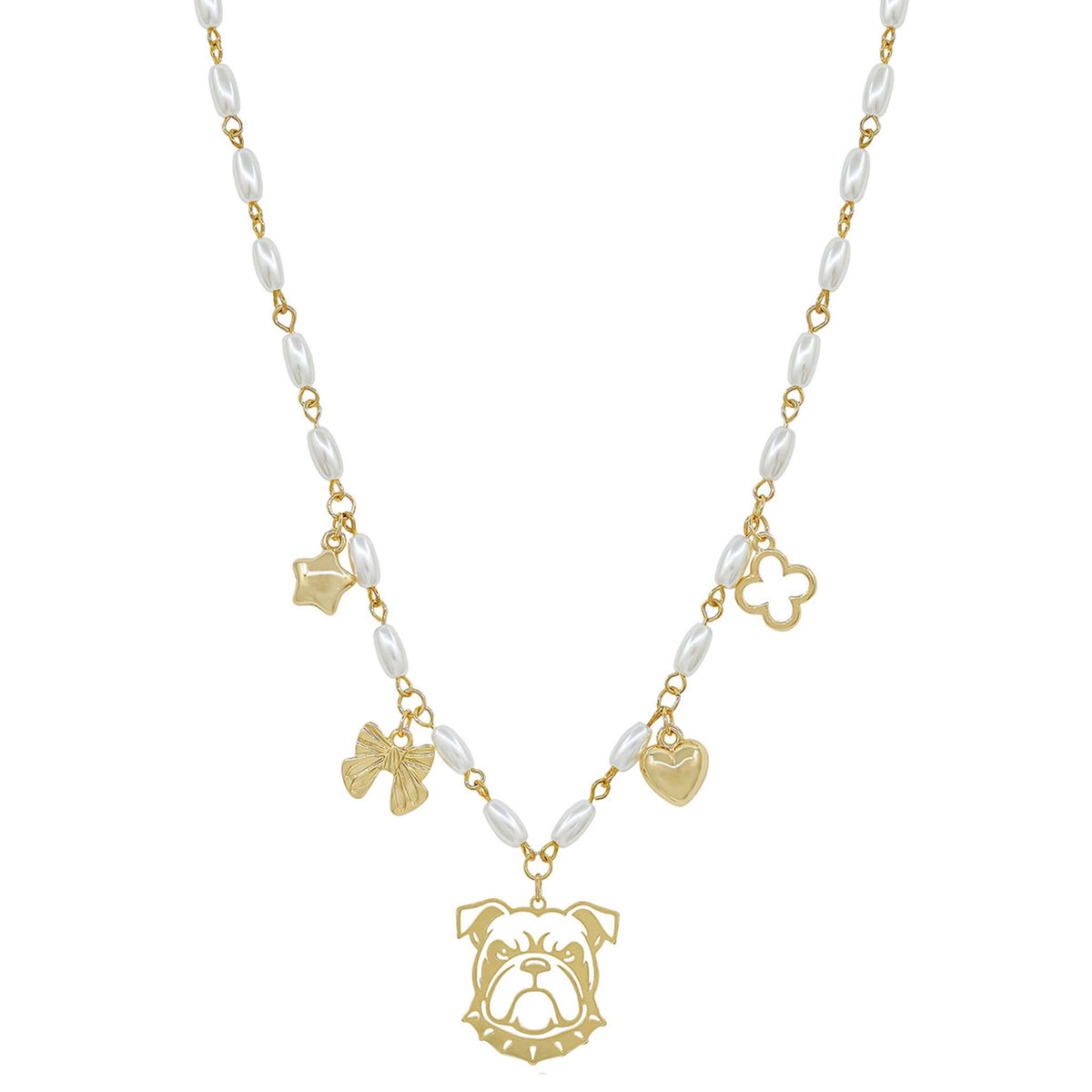 Necklace with gold bulldog pendant and white beads on a white background