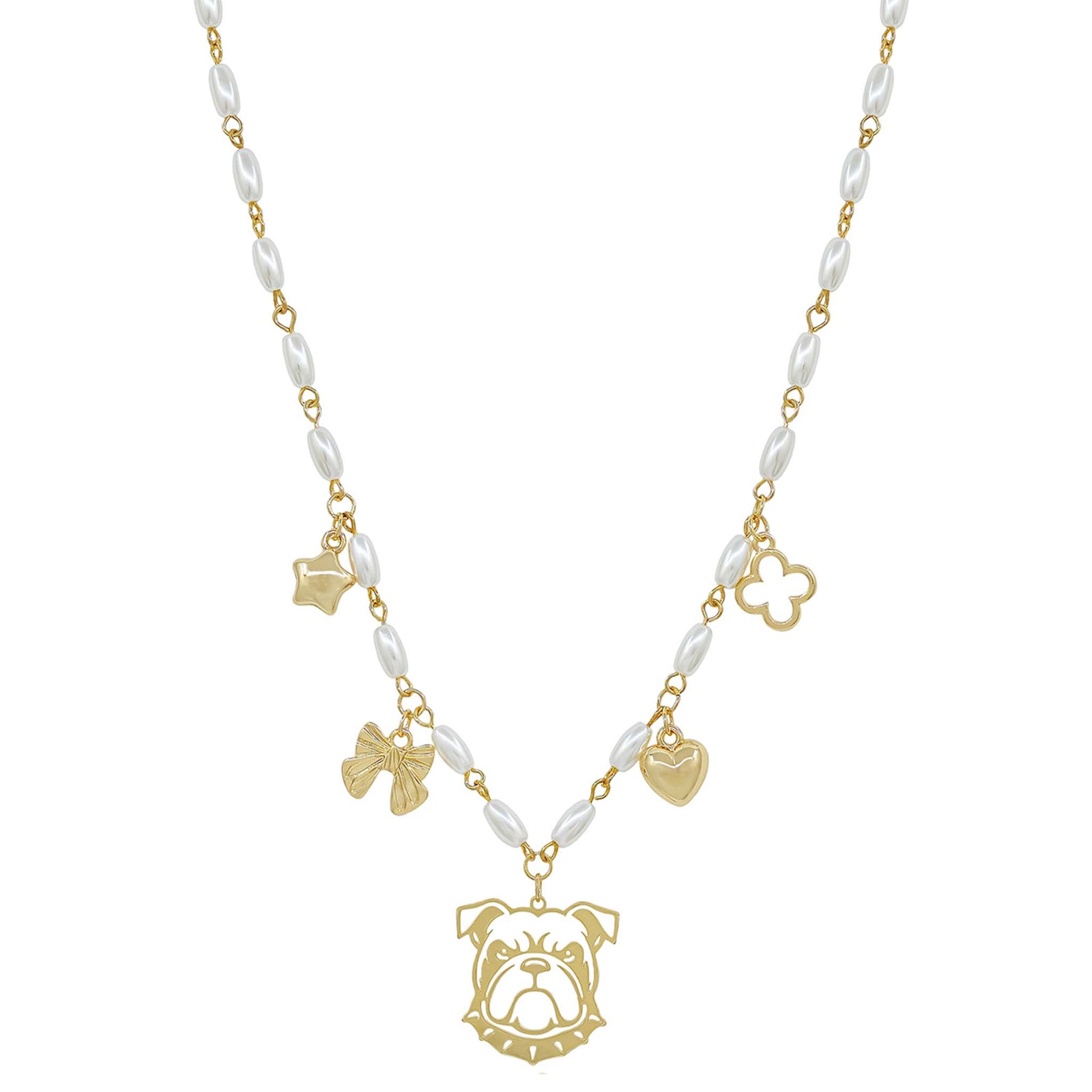 Necklace with gold bulldog pendant and white beads on a white background