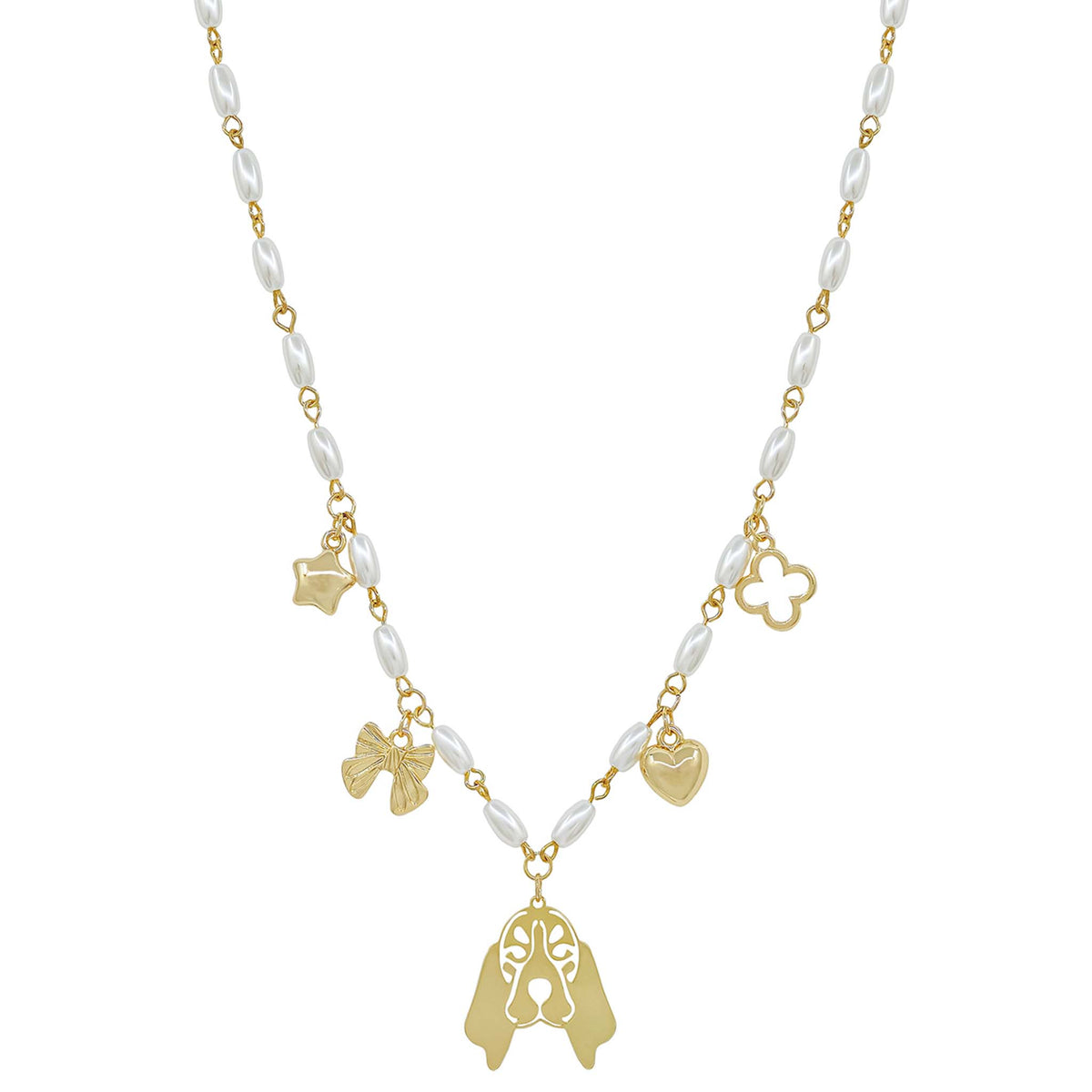 Necklace with gold and pearl charms on a white background