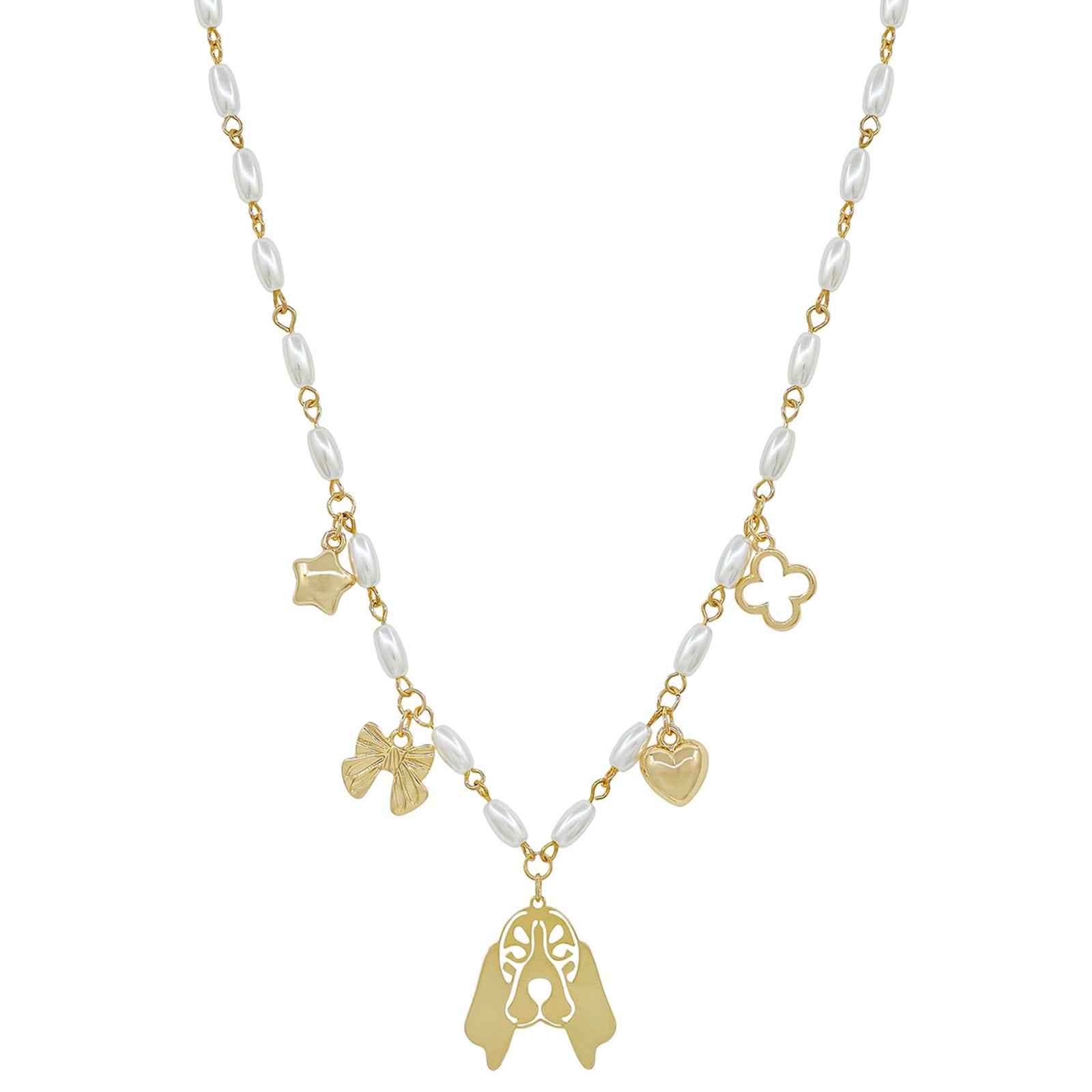 Necklace with gold and pearl charms on a white background