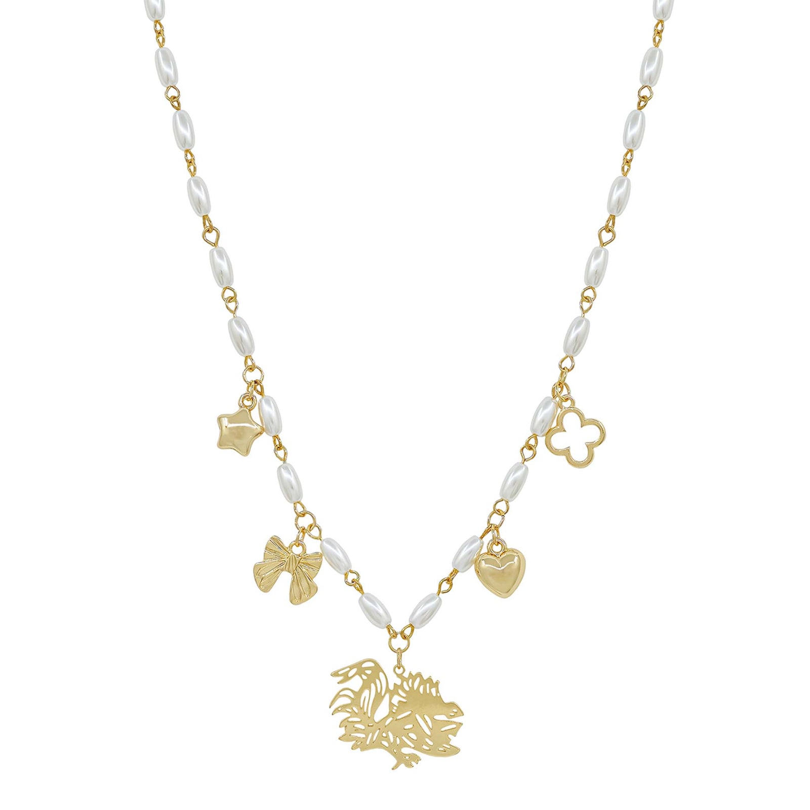 Necklace with gold charms and white beads on a white background