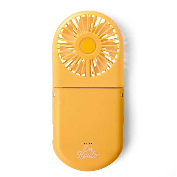 Yellow portable fan with 'En Route' text on a white background