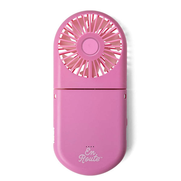 Pink handheld fan with 'Em Route' branding on a white background
