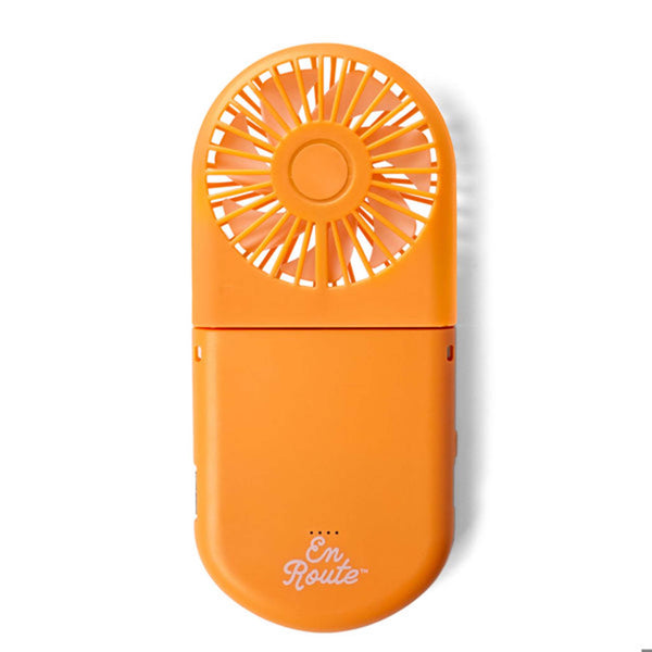 Orange portable fan with 'En Route' text on a white background