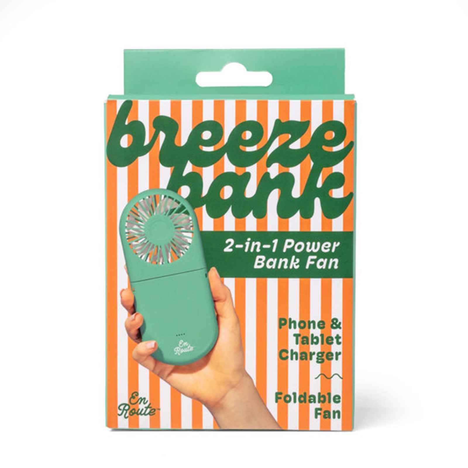 Packaging of a green 2-in-1 power bank fan with a hand holding it, on a white background.