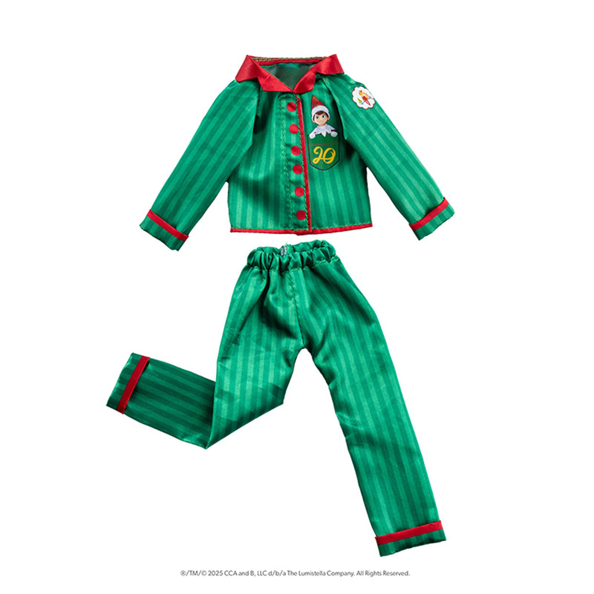 Green striped pajama set with red accents on a white background