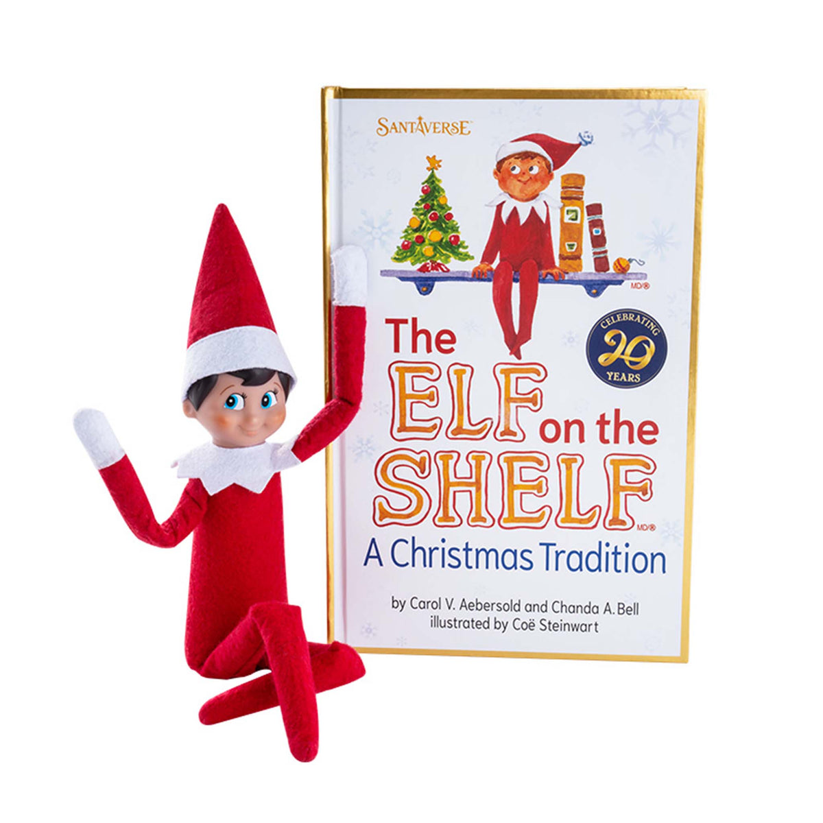 Elf on the Shelf toy next to 'The Elf on the Shelf' book on a white background