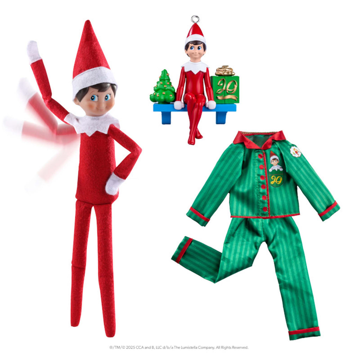 Elf on the Shelf with red outfit and green pajama set on a white background