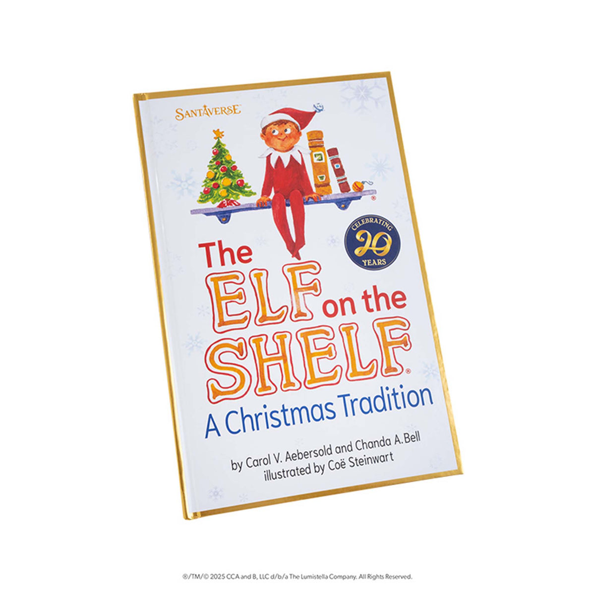 Book cover of 'The Elf on the Shelf: A Christmas Tradition' with an illustration of an elf and a Christmas tree.