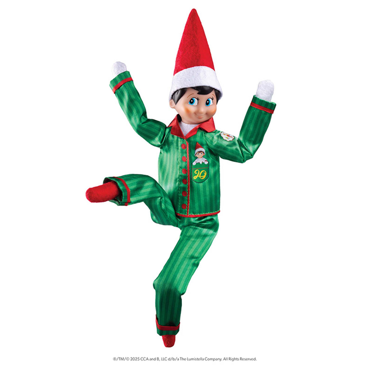 Elf on the Shelf character in a green outfit with red accents on a white background