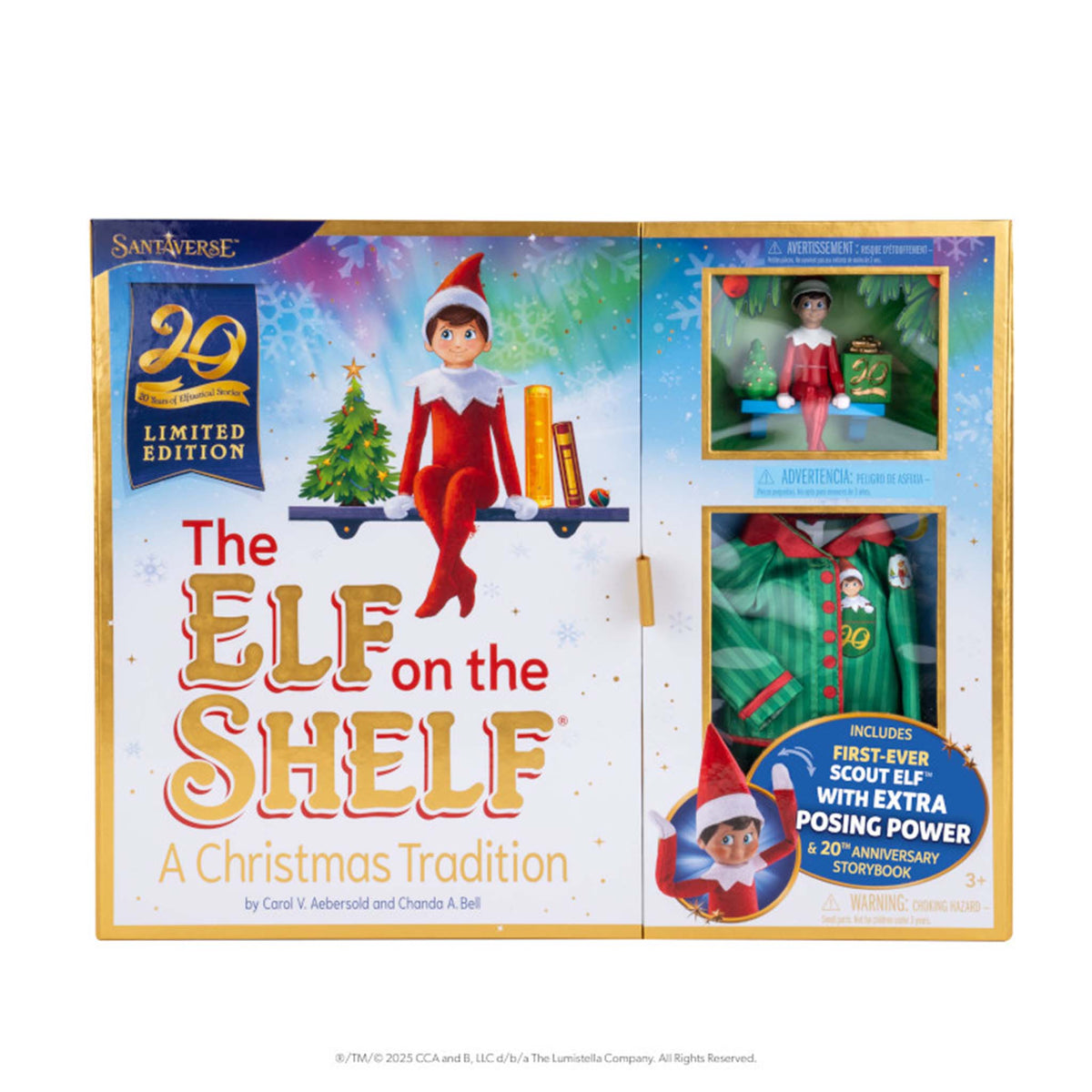 Elf On The Shelf blue eyed boy elf. This 20th anniversary limited edition set comes with a commemorative ornament and a holiday pajamas set.