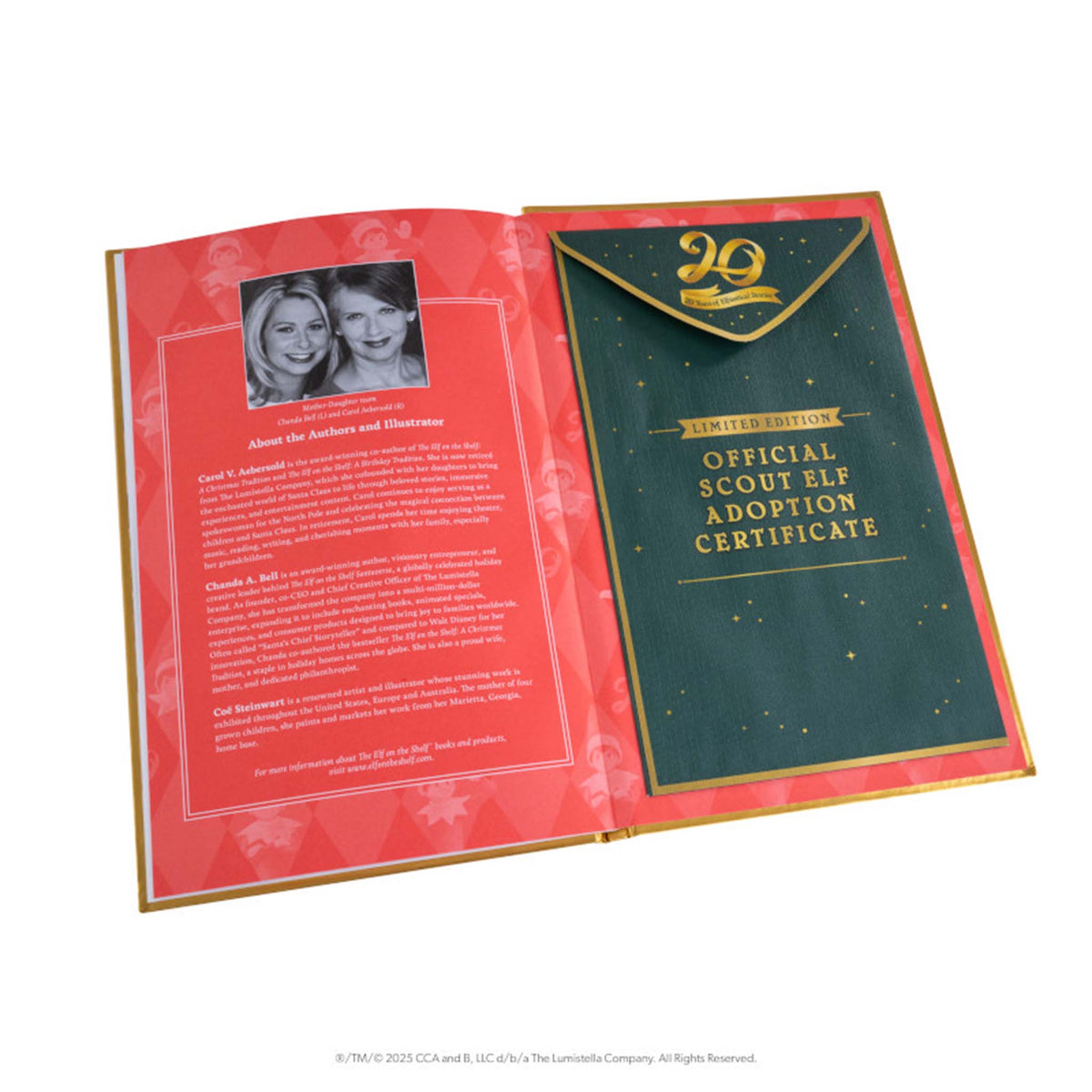 Open book with a red interior page and green 'Official Scout Elf Adoption Certificate' on a white background