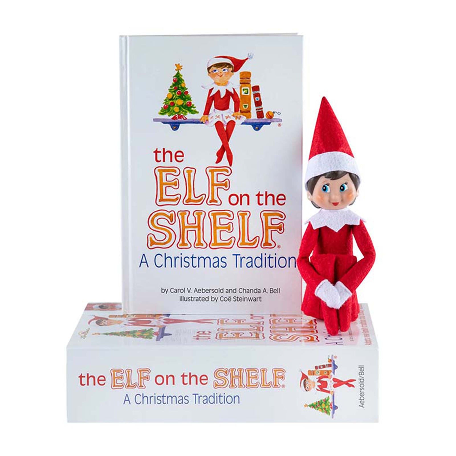 Elf on the shelf girl with blue eyes with Christmas traditions book.