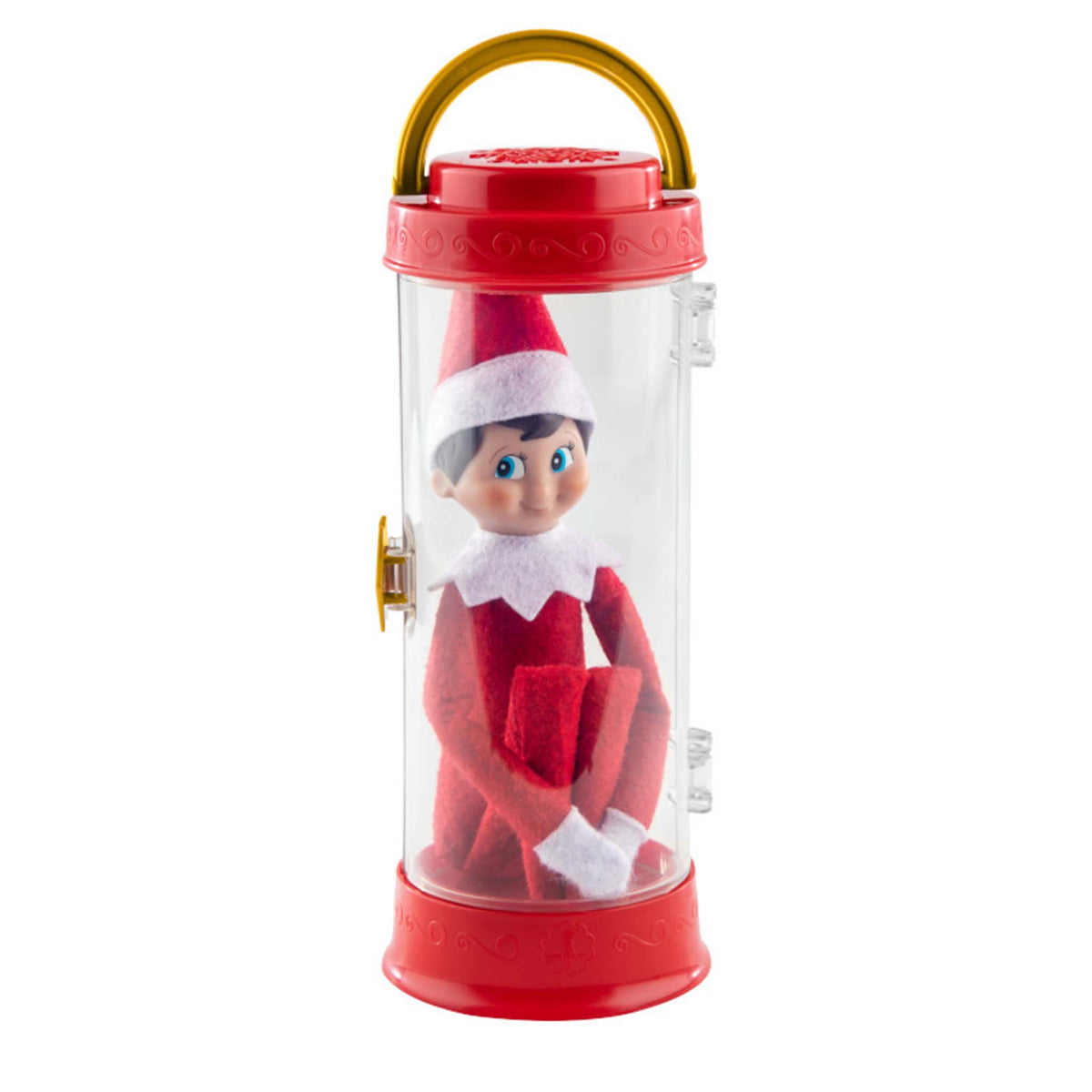 Elf on the Shelf toy in a transparent cylindrical container with a red lid and base.