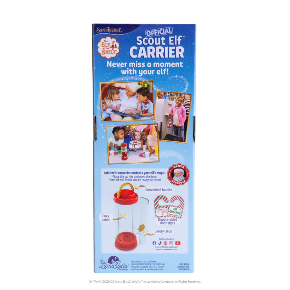Scout Elf Carrier packaging with images of children and text on a blue background
