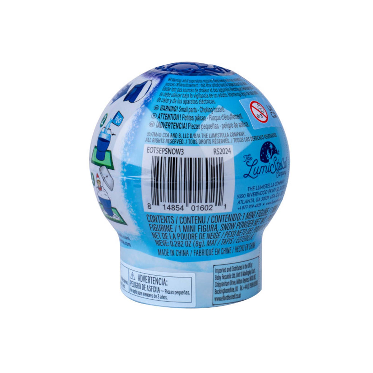 Round blue container with a white label featuring text and a barcode on a white background