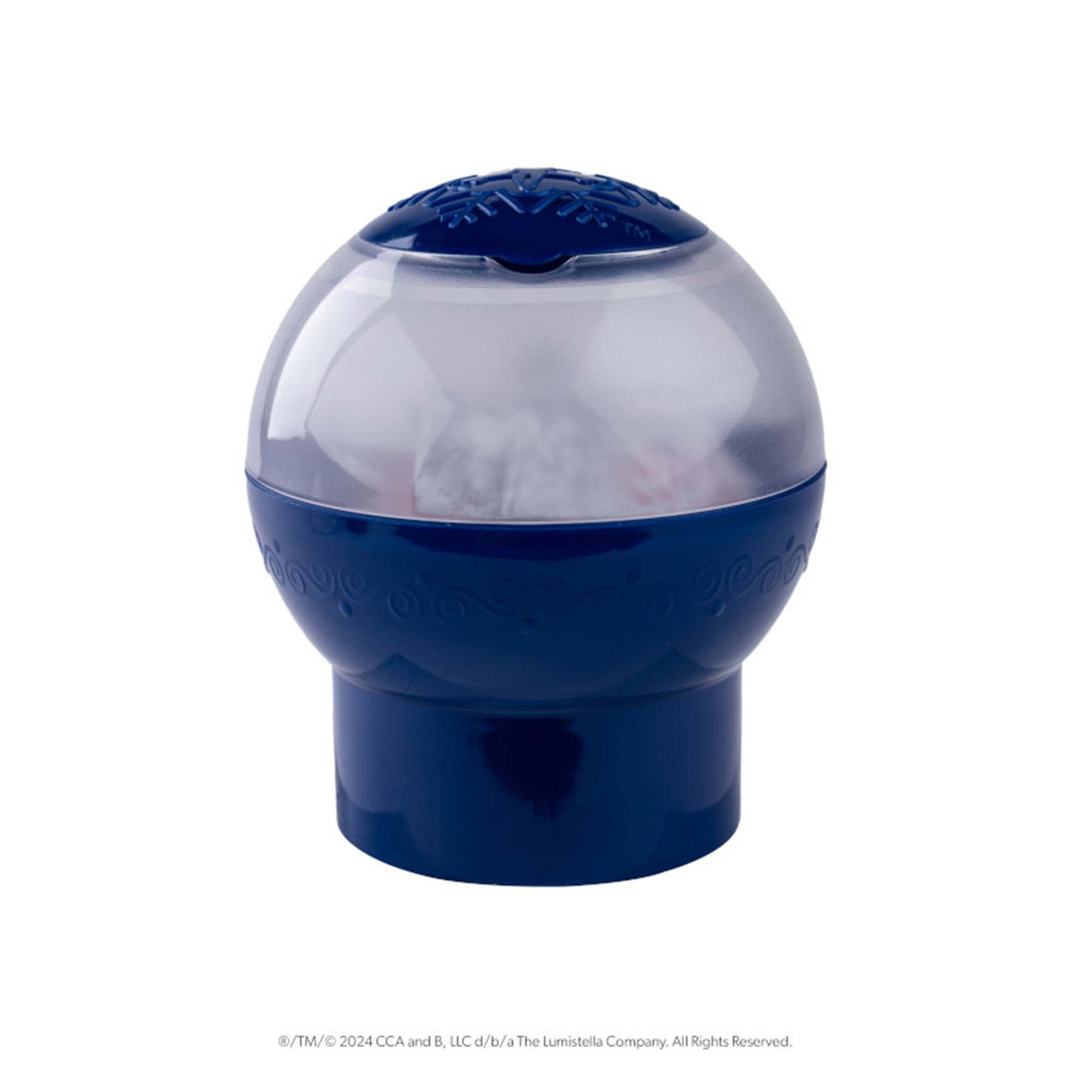 Blue and clear plastic ball-shaped container on a white background