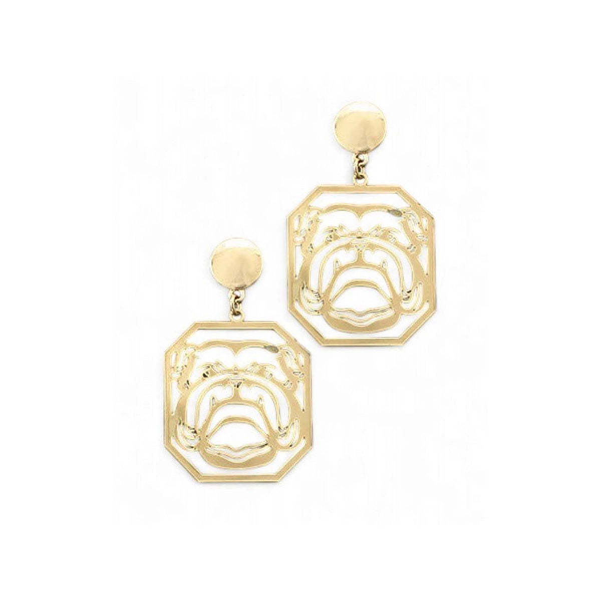 Gold-tone drop earrings featuring an octagonal outline with a cutout bulldog face design, attached to a small round stud post.