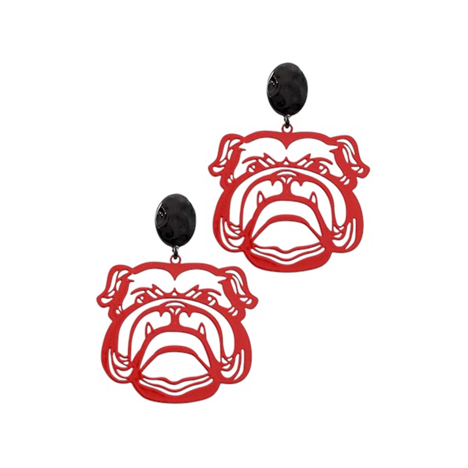 Drop earrings featuring an octagonal outline with a red cutout bulldog face design, attached to a black oval stud post.
