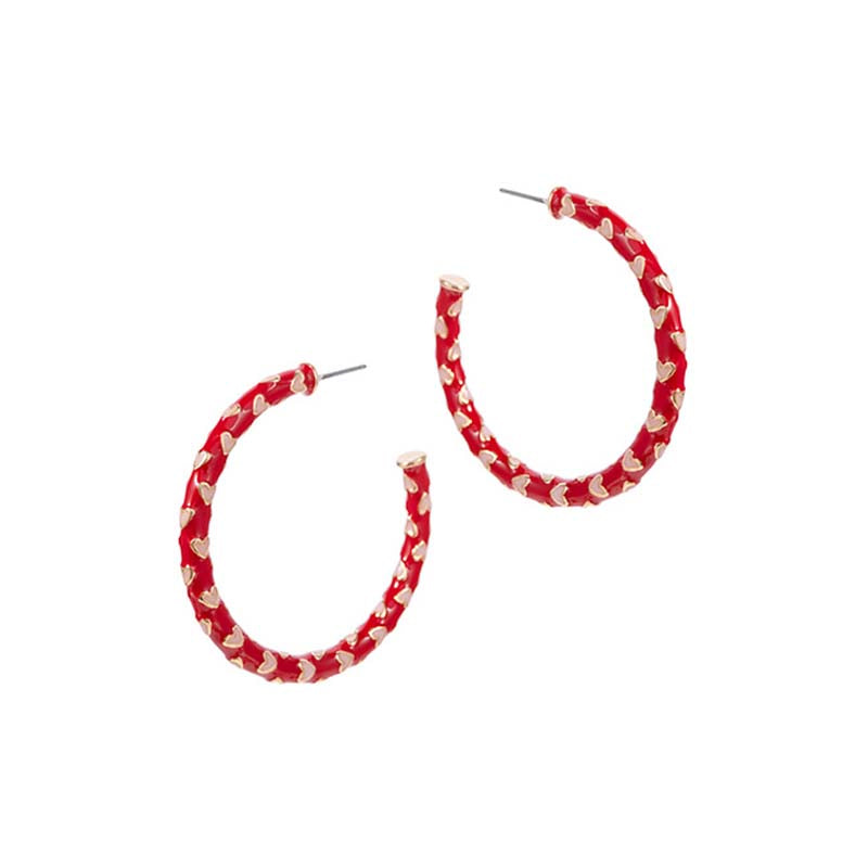 Red and White Heart Hoop Earrings
