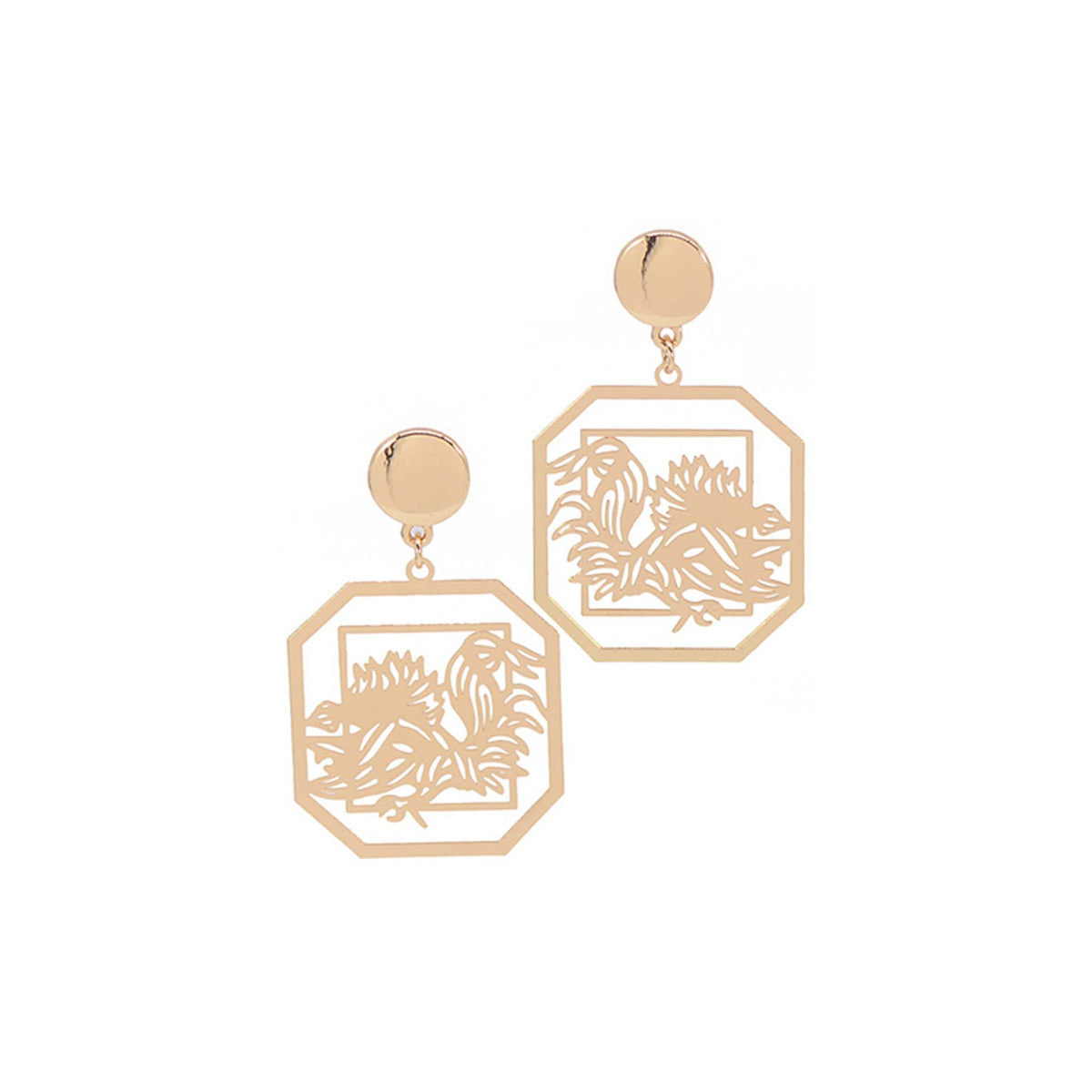Gold-tone drop earrings featuring an octagonal outline with a cutout Gamecock design, attached to a small round stud post.