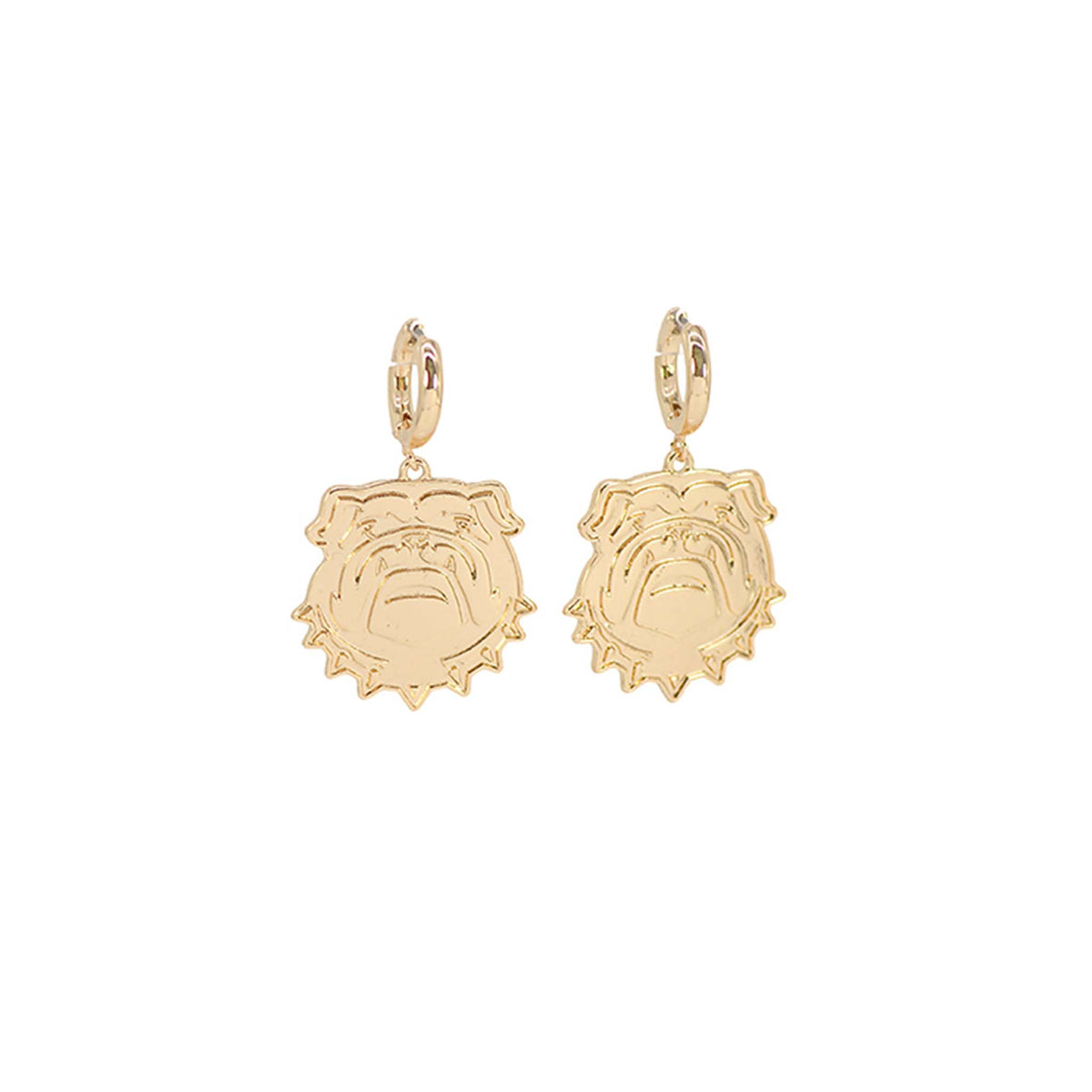 Gold-tone hoop earrings featuring a hanging bulldog face charm with etched detailing and a polished finish.