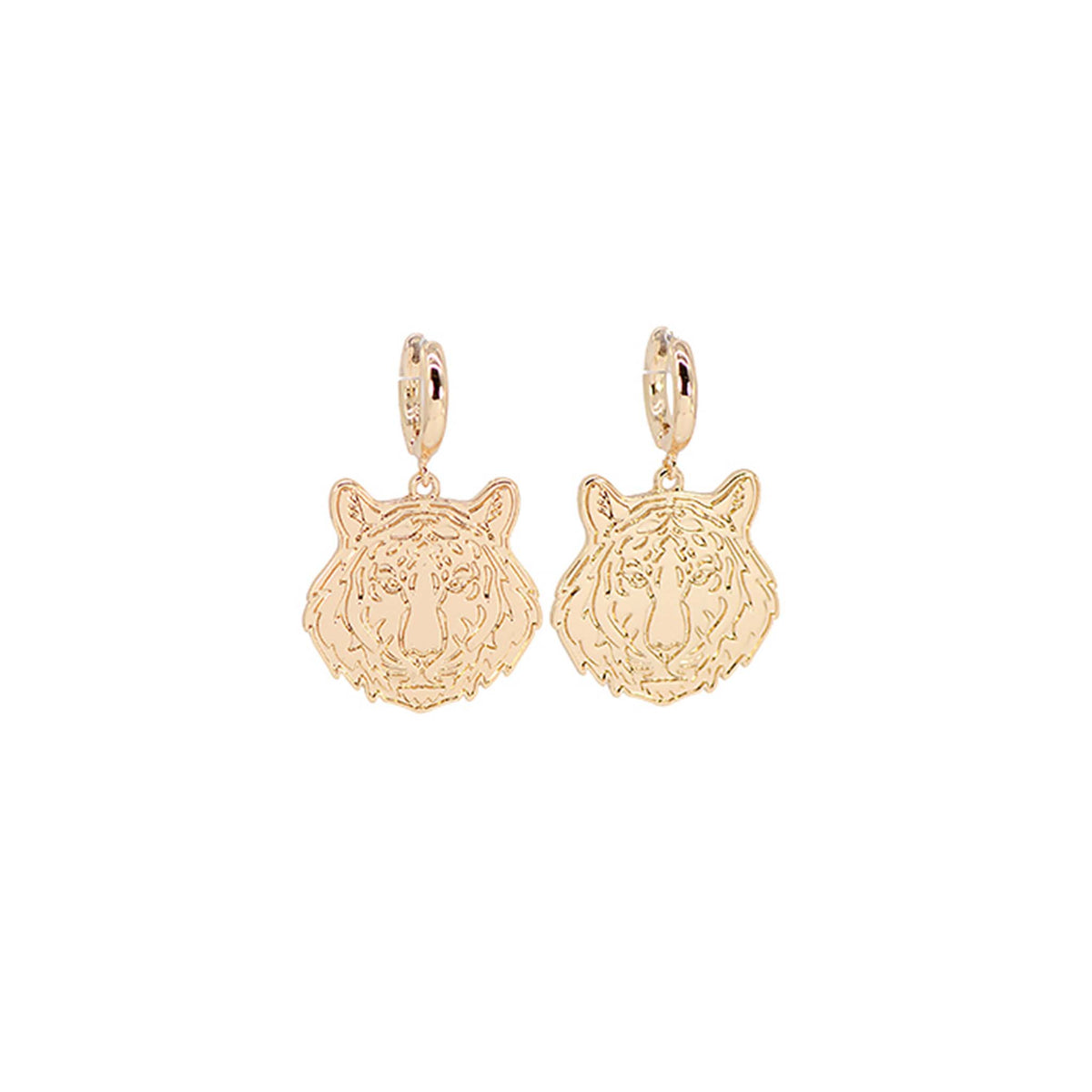 Gold-tone hoop earrings featuring a hanging tiger face charm with etched detailing and a polished finish.