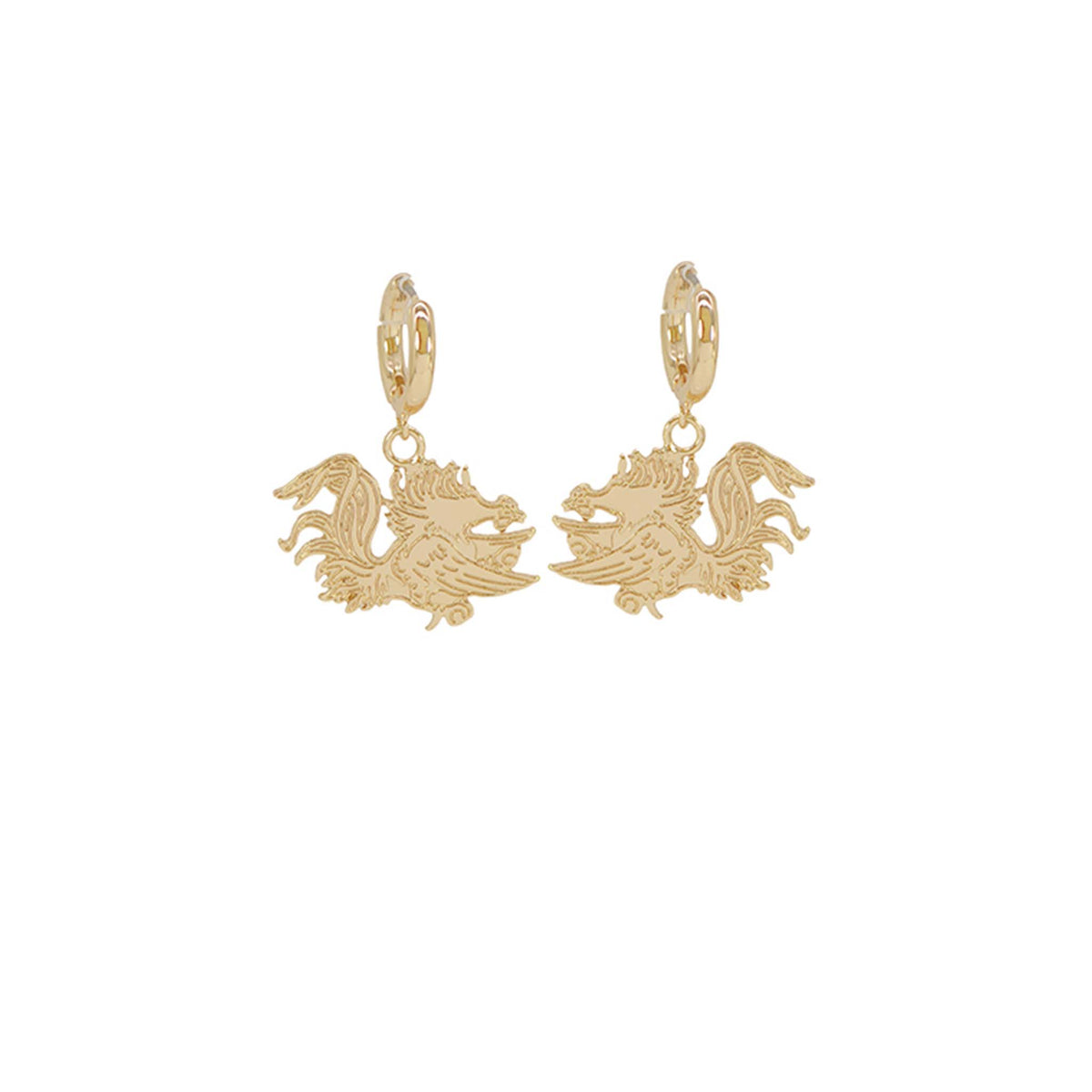 Gold-tone hoop earrings featuring a hanging Gamecock charm with etched detailing and a polished finish.