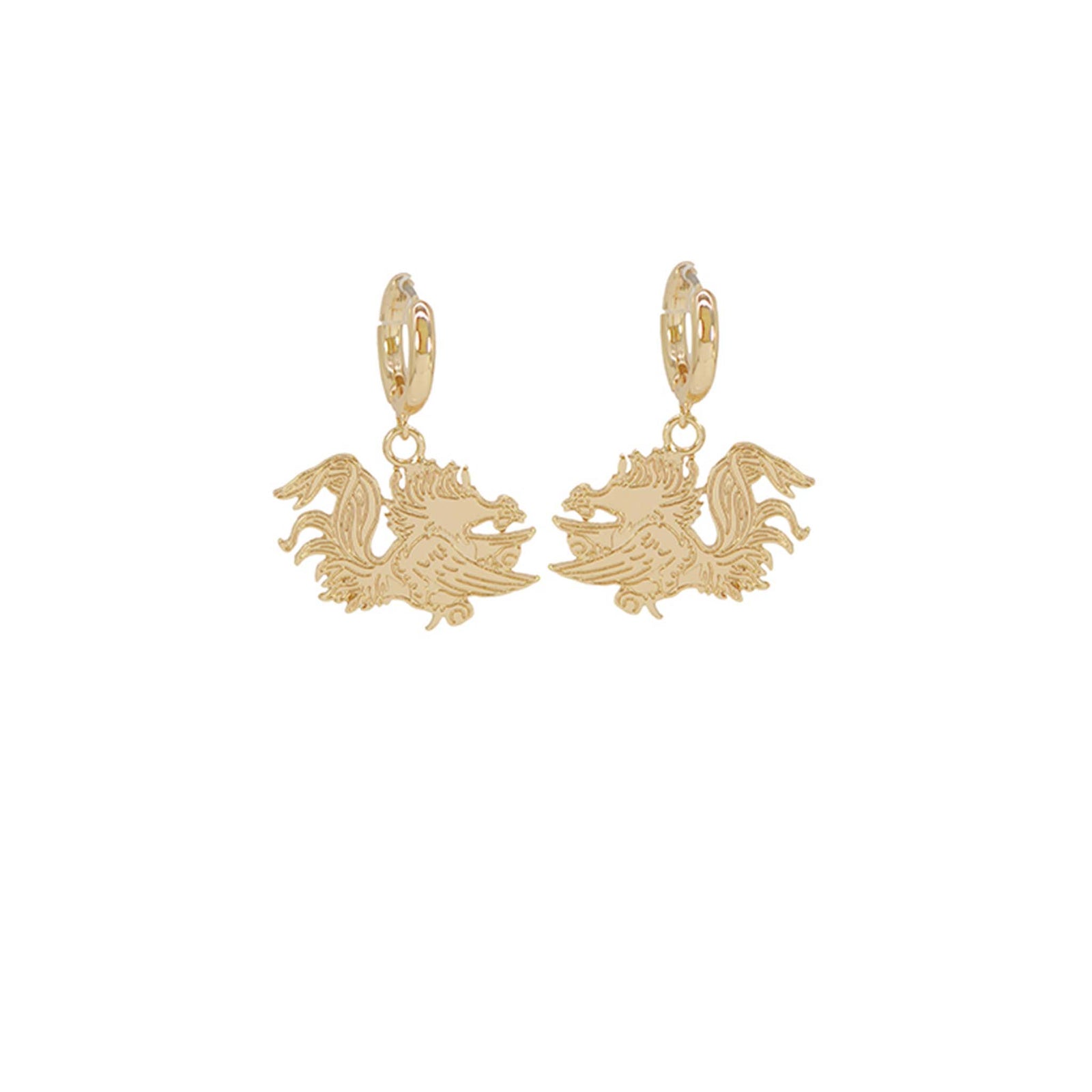 Gold-tone hoop earrings featuring a hanging Gamecock charm with etched detailing and a polished finish.