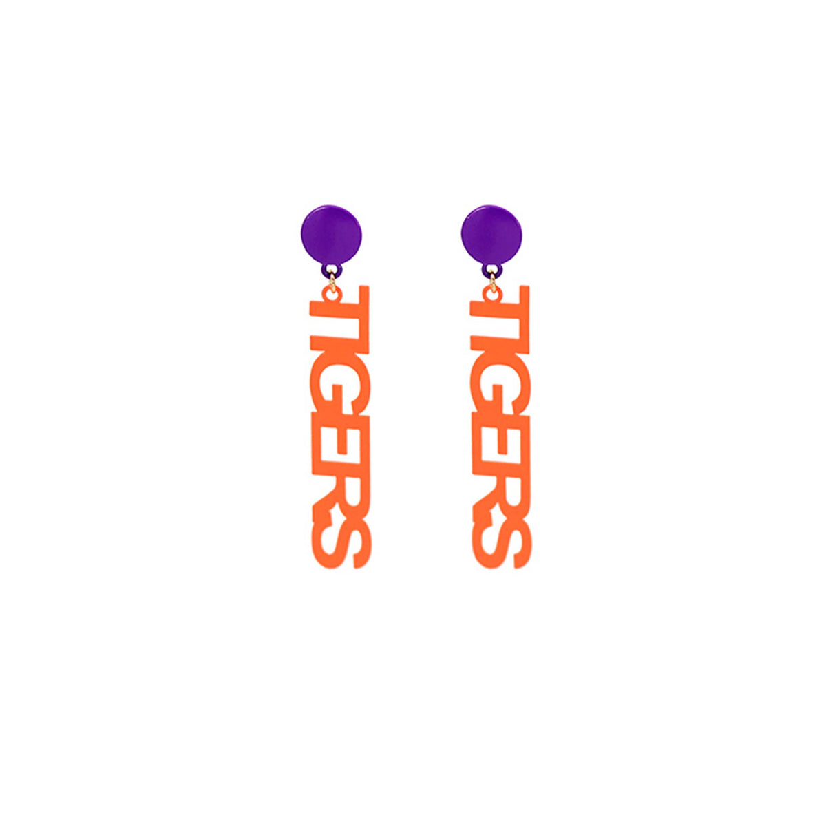 Orange “TIGERS” word earrings hanging vertically from round purple studs.