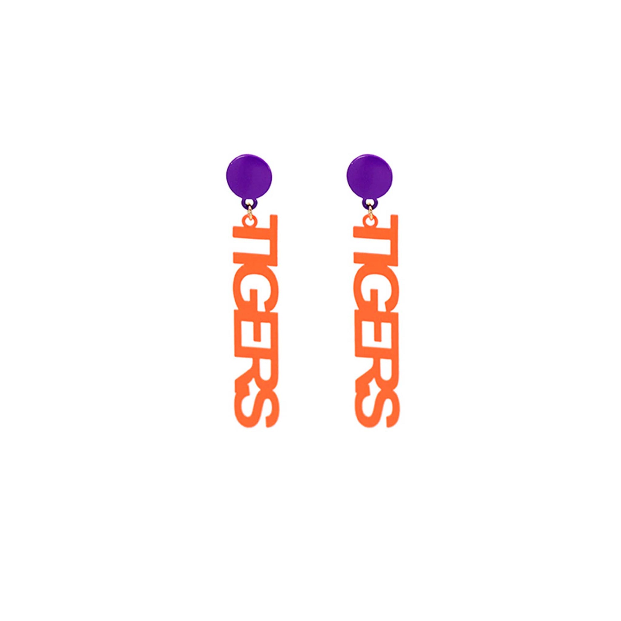 Orange “TIGERS” word earrings hanging vertically from round purple studs.