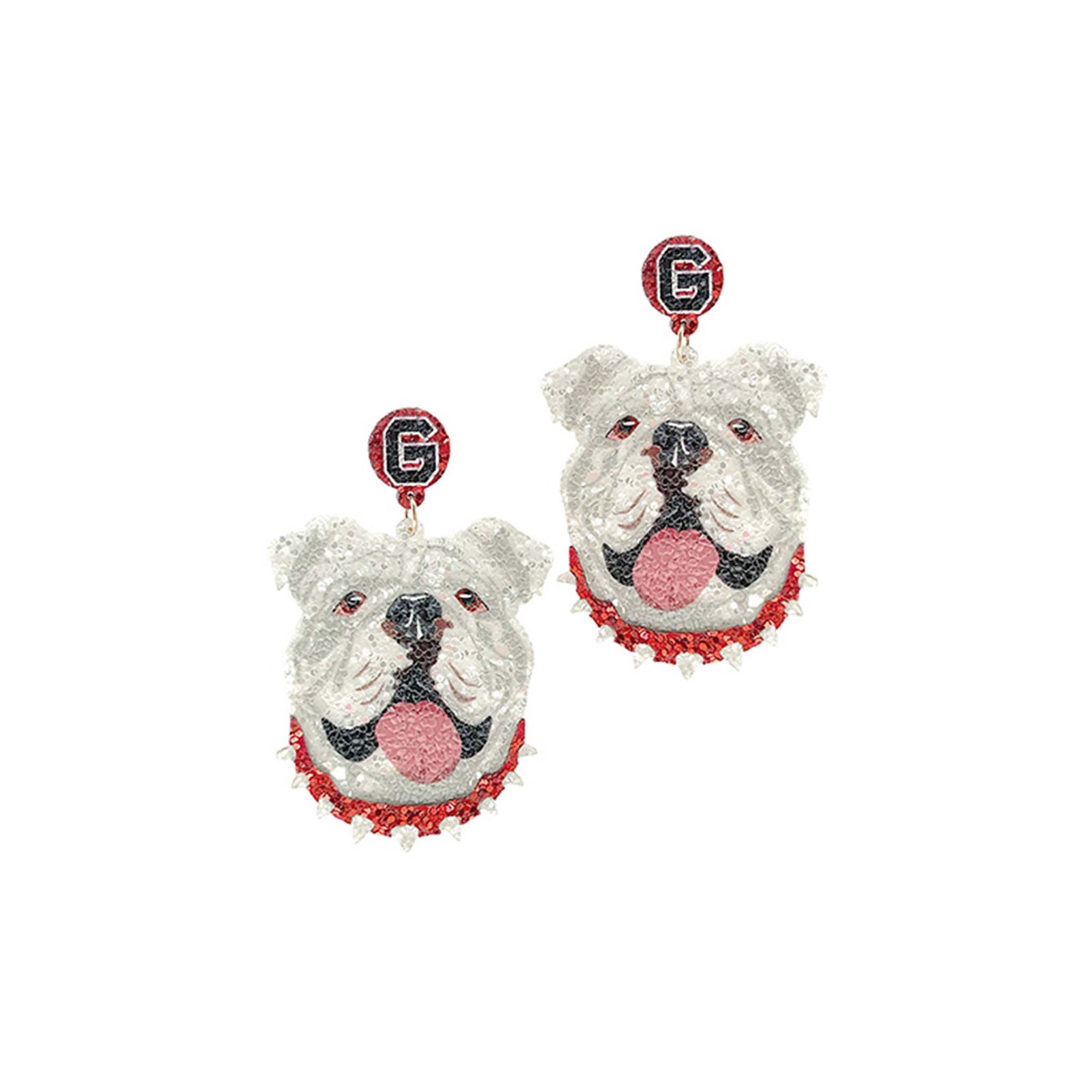 white Glitter bulldog drop earrings with Georgia red and black accents. 
