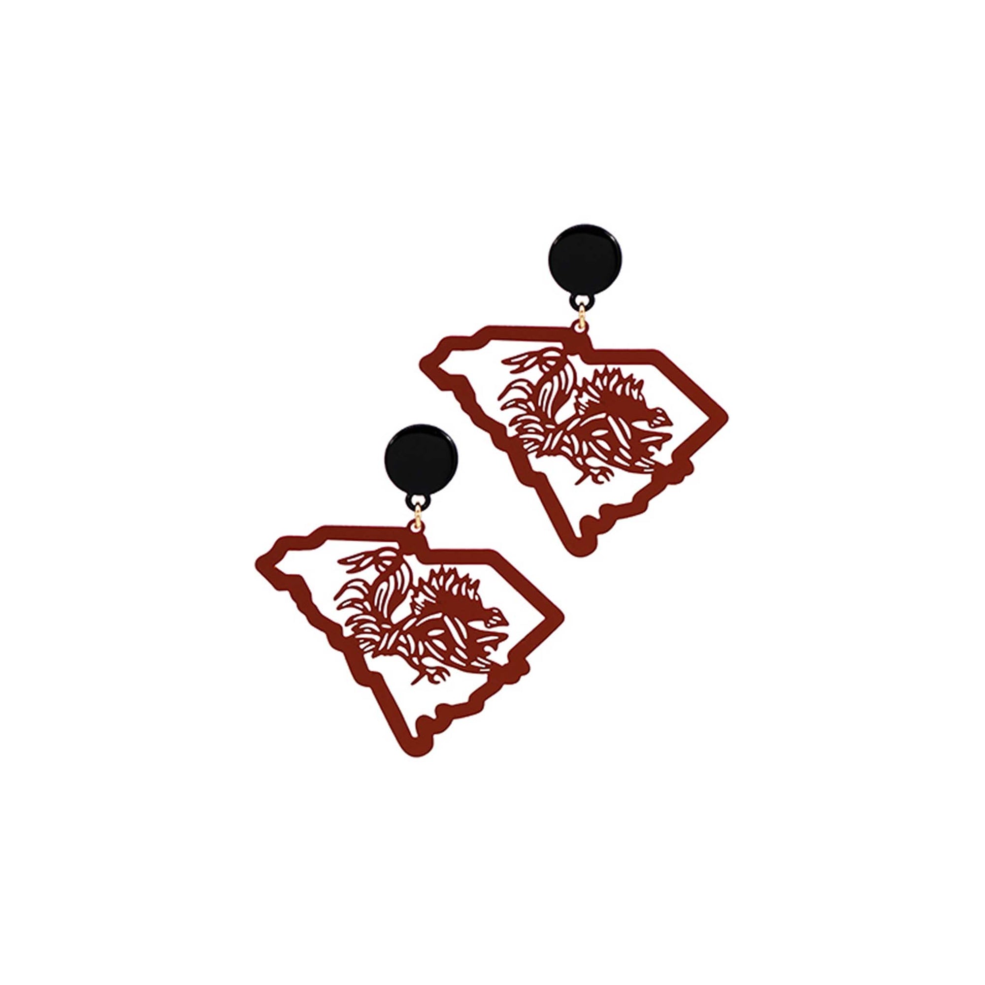 garnet and black drop earrings feature a fierce gamecock cutout framed in a South Carolina shape. Black round post attachment.