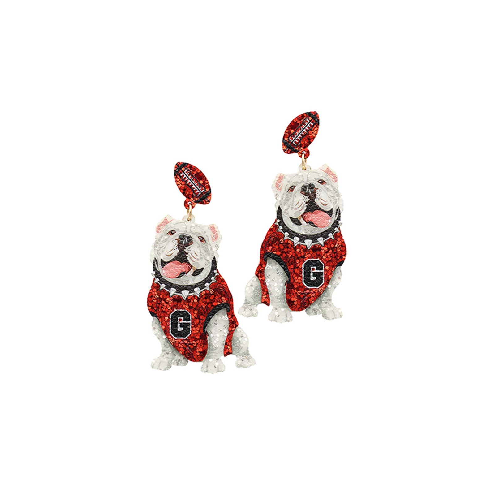 Glitter earrings shaped like Georgia Bulldogs mascot Uga, wearing red jersey with black "G".