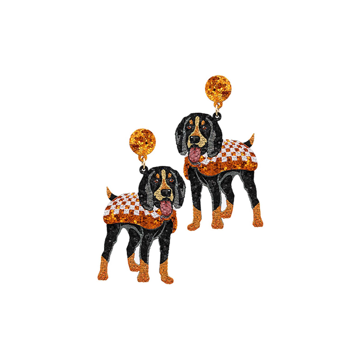 Detailed glitter earrings featuring Smokey the hound dog in an orange checkered vest with glittered orange studs.