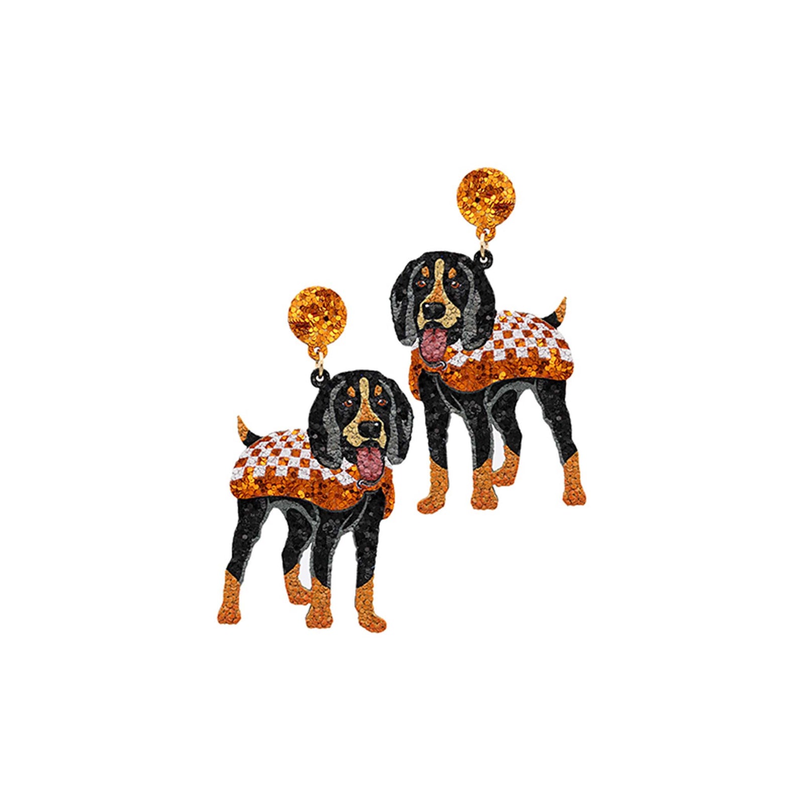 Detailed glitter earrings featuring Smokey the hound dog in an orange checkered vest with glittered orange studs.