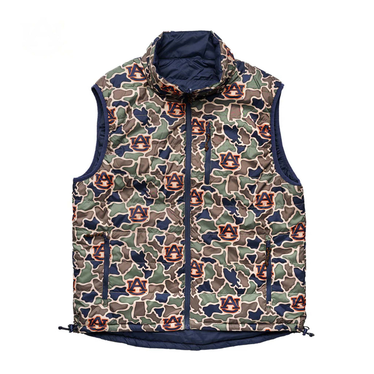 Front of Auburn camo puffer vest with full zip, zip chest pocket, and side pockets. Allover AU logo print over multicolor camo pattern.