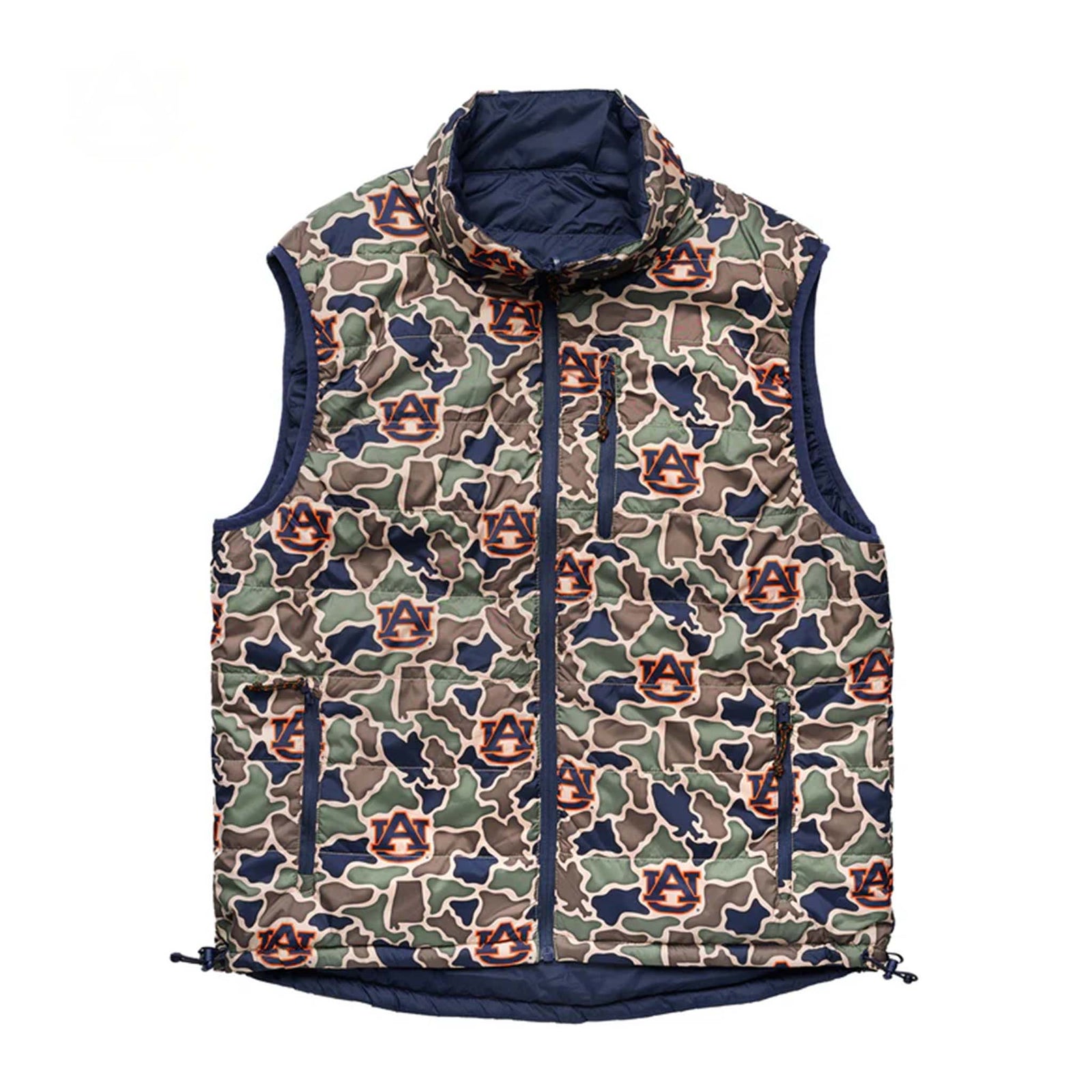 Front of Auburn camo puffer vest with full zip, zip chest pocket, and side pockets. Allover AU logo print over multicolor camo pattern.