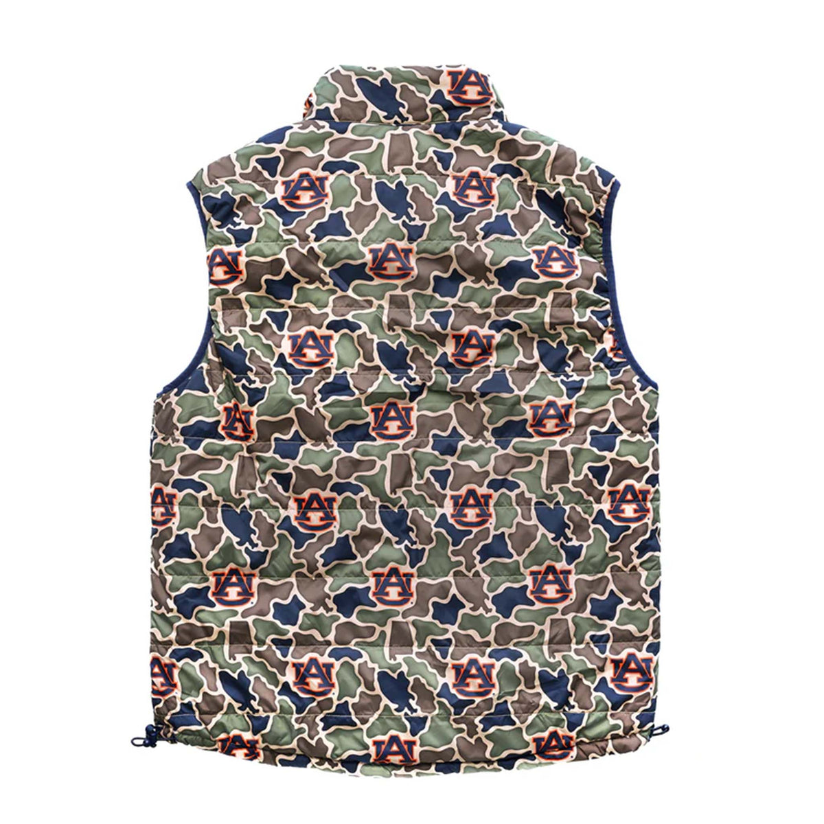Back of Auburn camo puffer vest with allover AU logo print in orange on a mix of green, tan, navy, and cream camo. Features quilted texture and high collar.