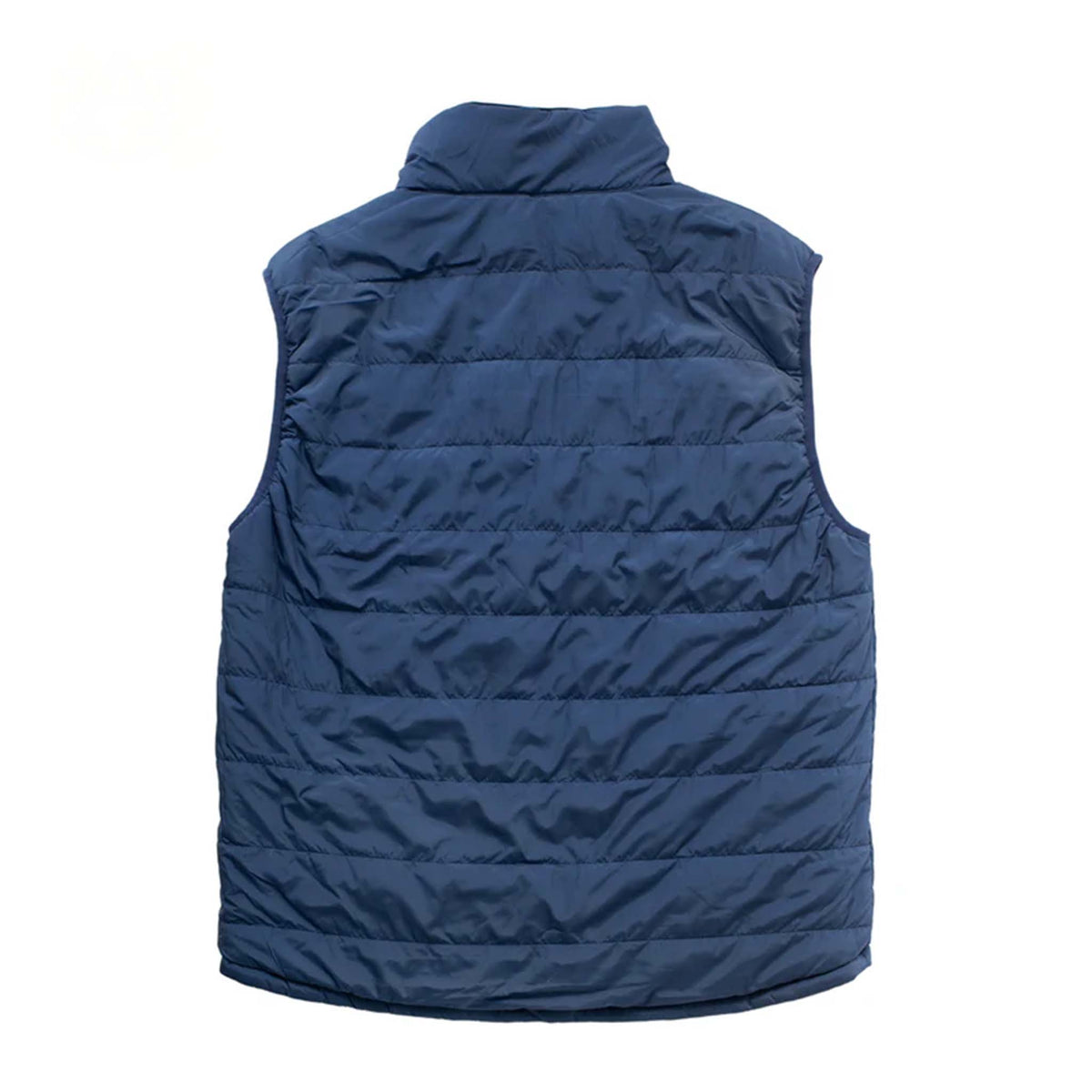 Reverse side of vest in solid navy with horizontal quilted stitching and high collar, no logos visible, part of reversible design.