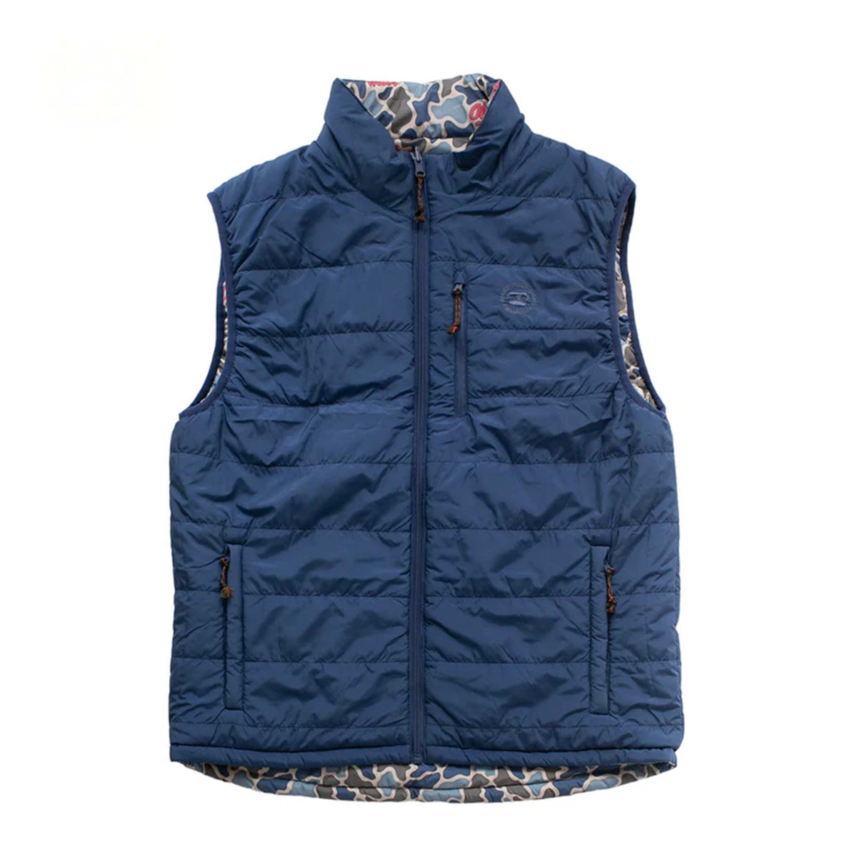 Reverse side of vest in solid navy with horizontal quilted stitching and high collar, no logos visible, part of reversible design.