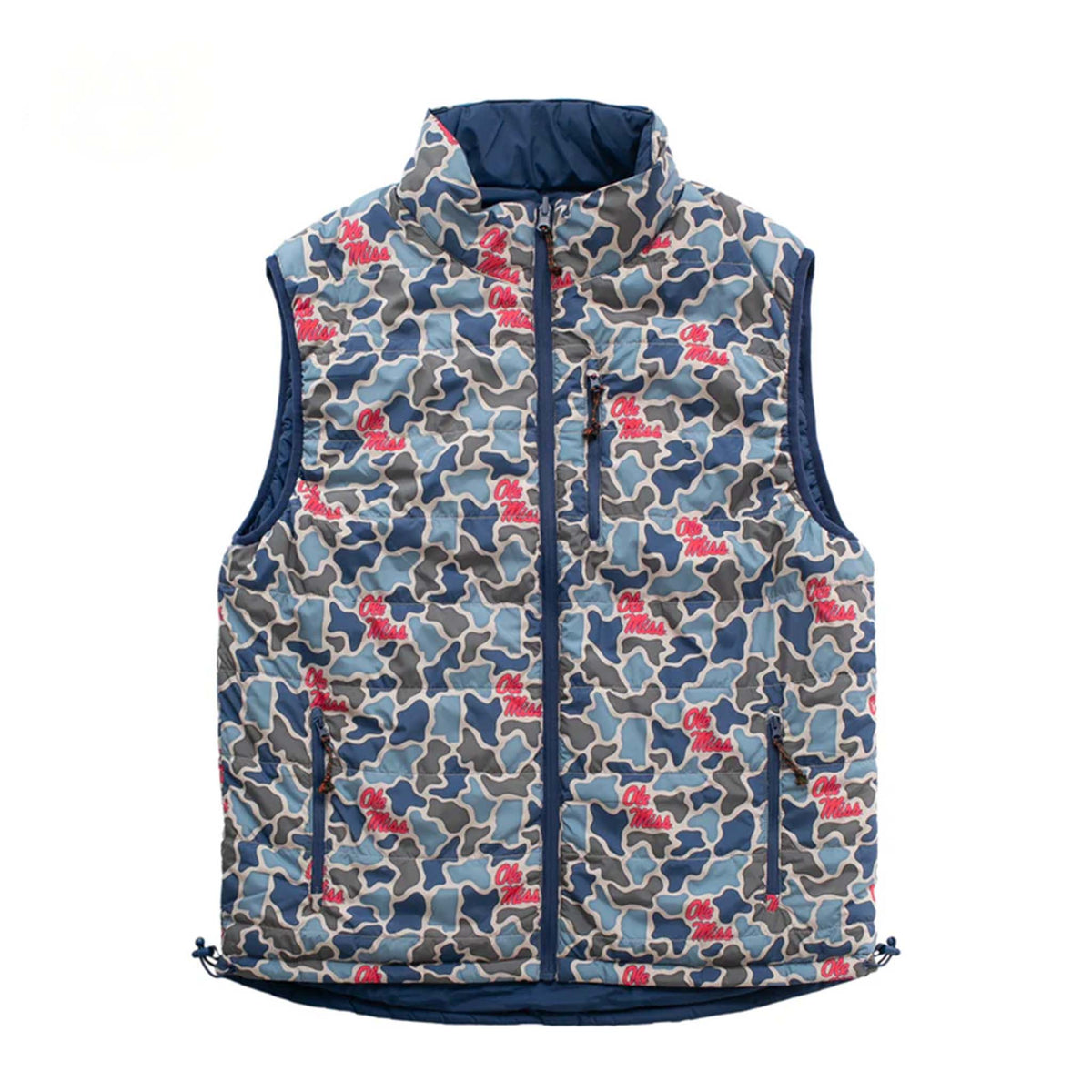 Ole Miss men's puffer vest with blue camo print, front zip closure, zip chest pocket, and hand pockets with red "Ole Miss" text throughout.