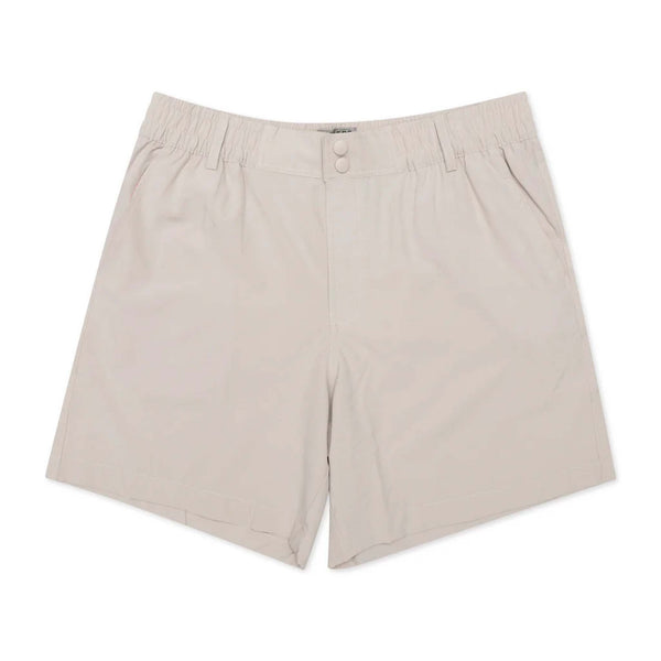 Front flat lay of Burlebo light khaki hybrid shorts with dual snap buttons and side pockets.