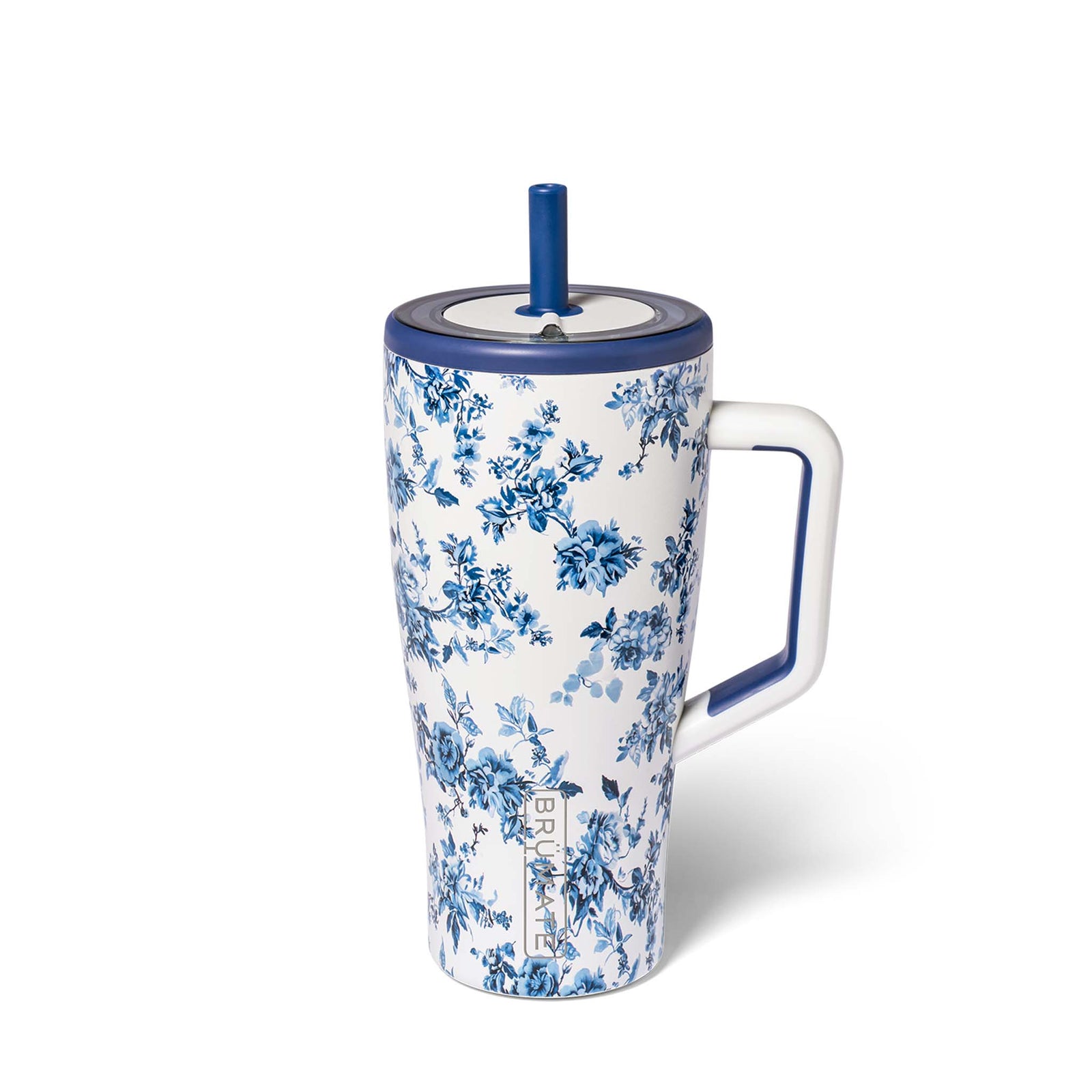 Blue floral-patterned handled tumbler with a straw on a white background